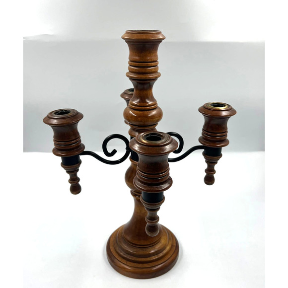 Vintage Candelabra Wooden Curved Metal 4 Arms Stick Candle Holder Decor - Picture 1 of 11
